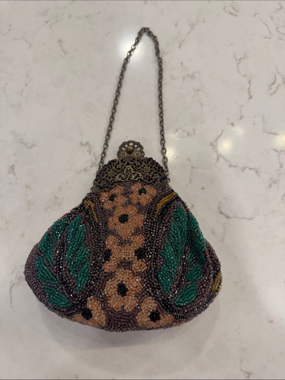 Vintage Beaded Floral Evening Bag in Green and Brown